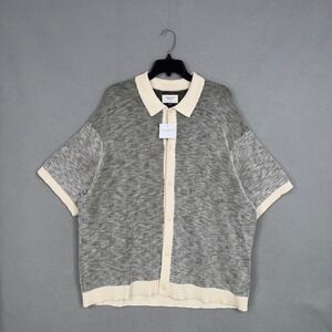 American Eagle Shirt Mens XXL Green Ivory Striped Knit Button Up Sweater Polo